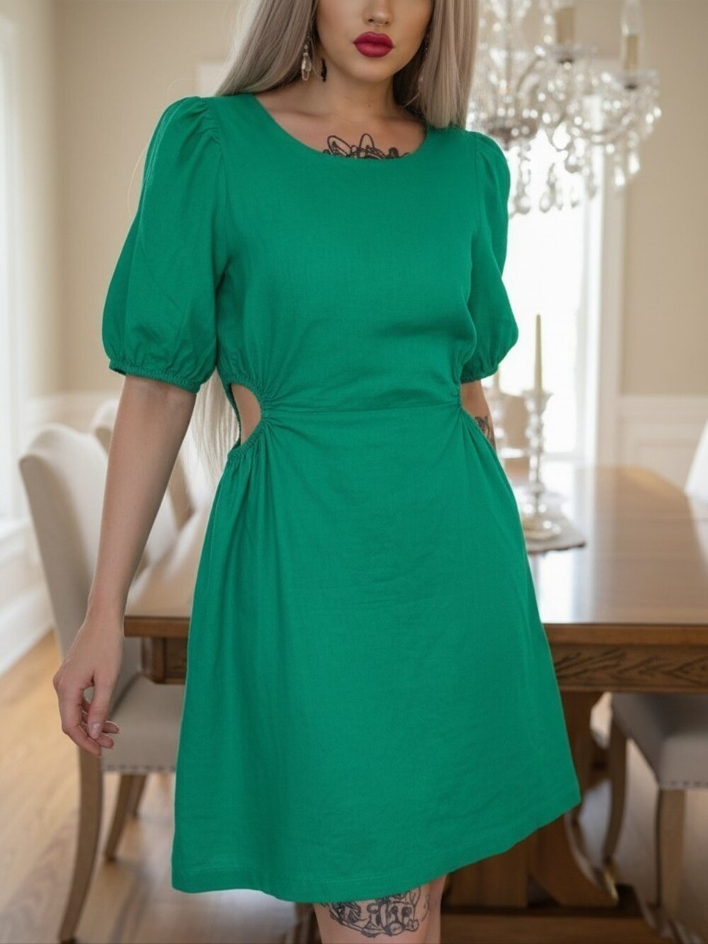 Altar’d State Emerald Green Puff Sleeve Ruched Mini Dress Size L